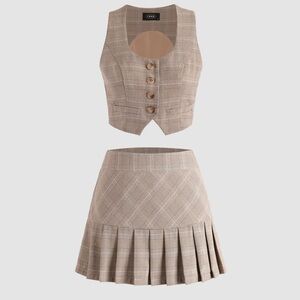 Cider Tan Plaid Mini Skirt & Vest Set